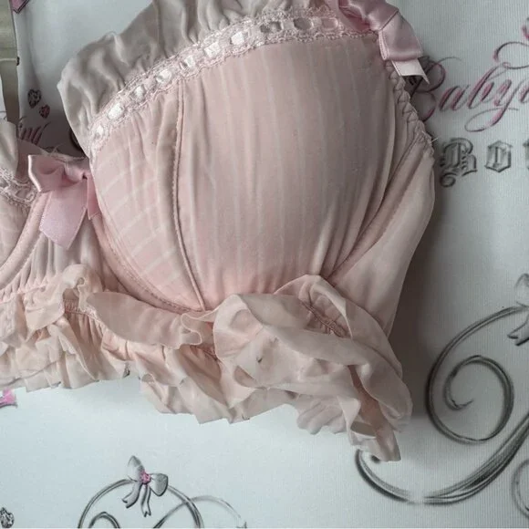 La senza bra love ruffle frilly bows ribbon 🎀pink white striped tiered babydoll - Picture 10 of 14